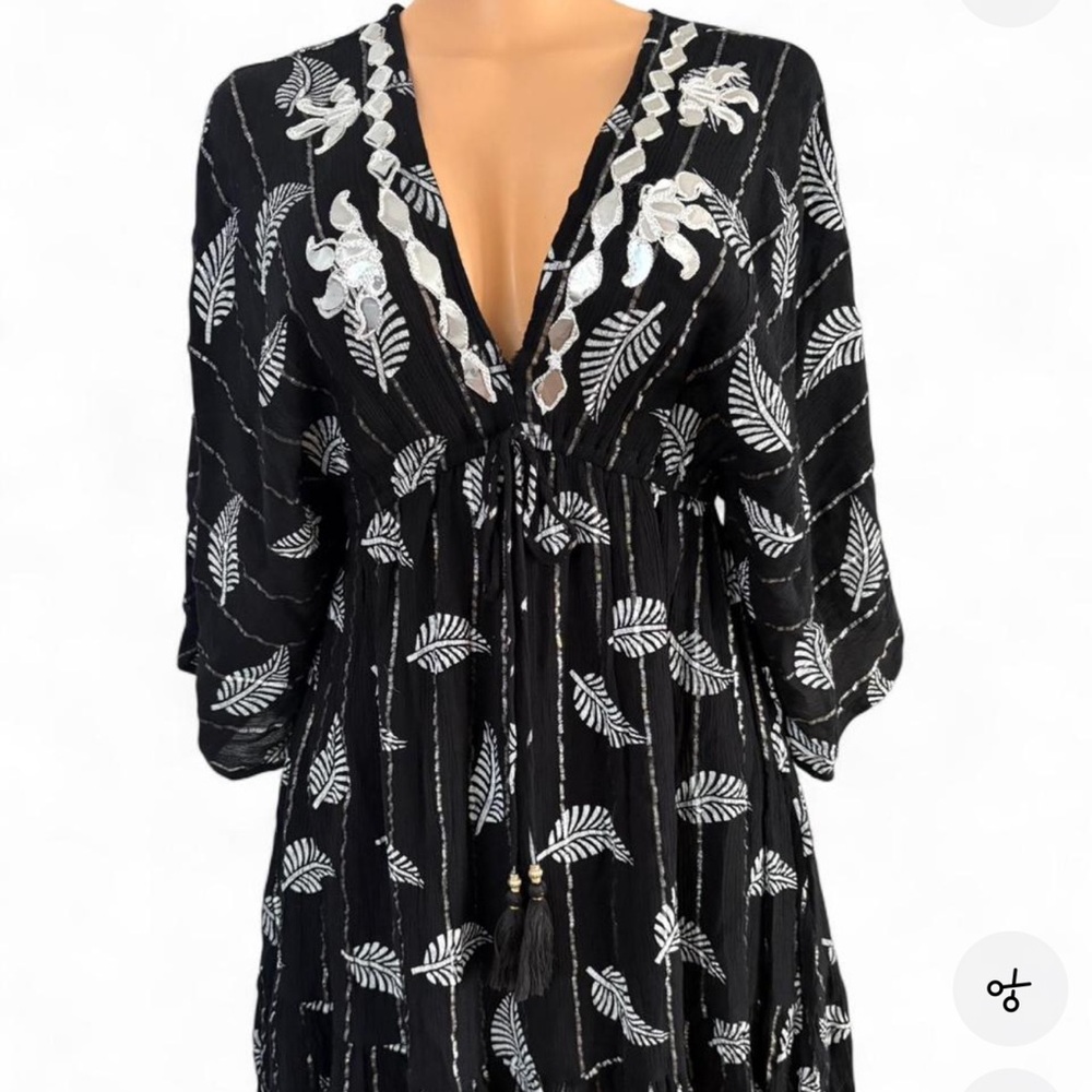 Black Leaf-Print Mini Dress with Embroidered V-Neck and Tie Waist